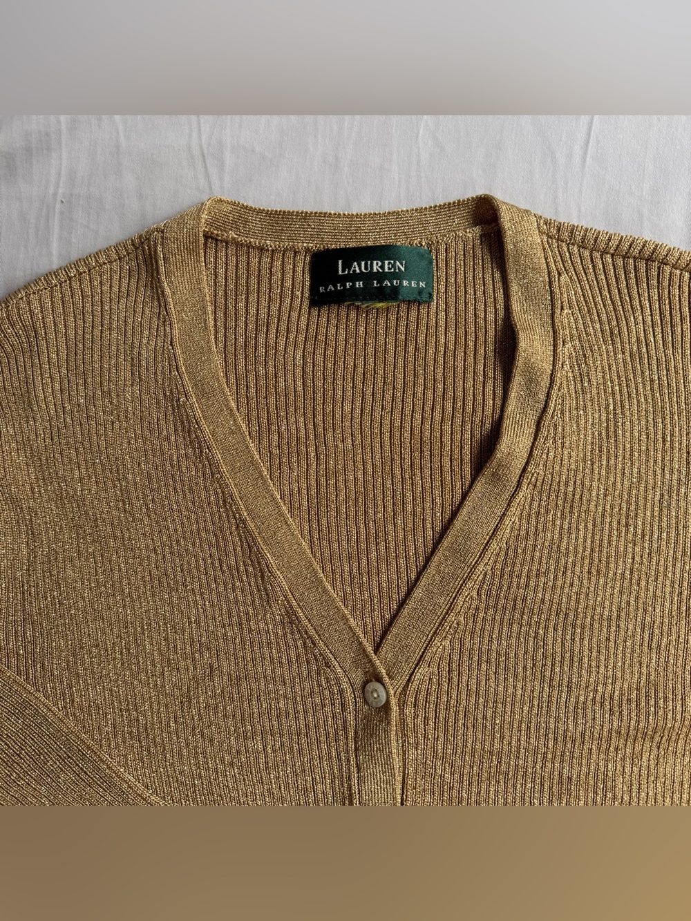 Lauren Ralph Lauren Metallic Gold Ribbed V-Neck Cardigan Size M
